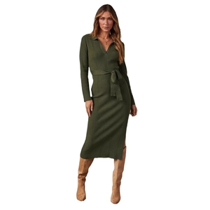 Abito midi in maglia a coste verde oliva a maniche lunghe con scollo a V e cintura annodata