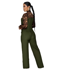Detail of elegant leopard print patchwork jumpsuit with high waist wide leg pants