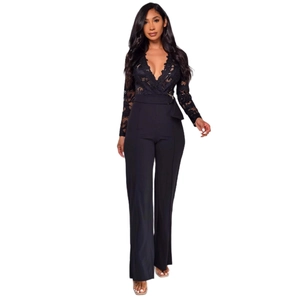 Women's black lace patchwork long sleeve jumpsuit with deep V-neck and wide leg pants