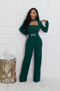 Detailed view of dark green jumpsuit with elegant neck collar and gold chain waist buckle