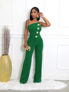 Chic lime green one shoulder jumpsuit with wide leg design and gold button accents