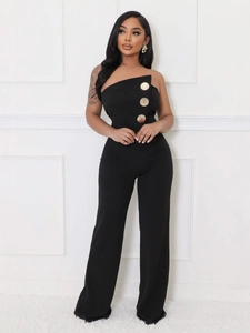 Elegant black strapless jumpsuit with gold buttons and high-waisted wide-leg design