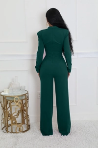 Detail of elegant dark green wide-leg jumpsuit featuring a high-waist fit and back zipper
