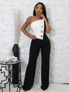 Elegant black and white jumpsuit with one-shoulder design and gold button details