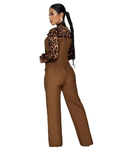 Side view of elegant jumpsuit featuring leopard print patchwork and brown wide leg pants