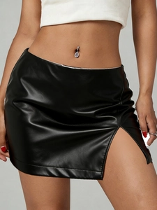 Women black PU leather high waist mini skirt with stylish side slit and glossy finish
