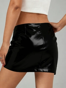 Glossy black PU leather bodycon mini skirt with a high waist and reflective finish