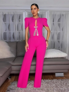 Women Elegant Rhinestone Bow Jumpsuit Keyhole Cutout Puff Sleeve Wide Leg Long Jumpsuit Casual Party One Piece Outfit