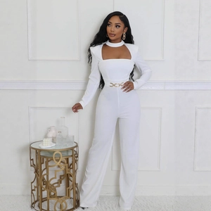 Women Elegant Mock Neck Cut Out Long Sleeve Jumpsuit With Gold Chain Belt Solid Wide Leg Jumpsuits For Party Office Night