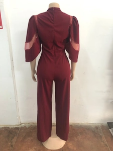 Vue arrière de la combinaison élégante bordeaux avec manches bouffantes en tulle et jambe large