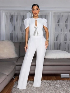 Elegant white two-piece set with cutout bow top and high-waisted wide leg pants
