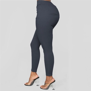 Close-up side-rear view of dark grey high waisted slim fit leggings with back pocket detail