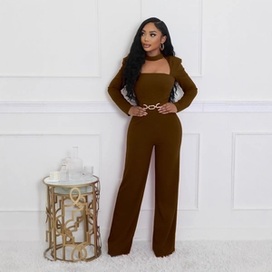 Elegant slim fit brown jumpsuit with halter neck cutout and golden belt ring detail