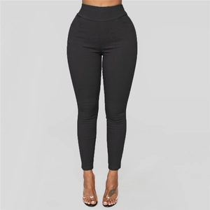 Women's high waisted slim fit black trousers with elastic waist and skinny leg design