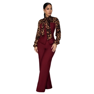 Women Elegant Leopard Patchwork Jumpsuit Polyester Bow Knot Wide Leg Long Sleeve Color Block Fashion Jumpsuits For Party