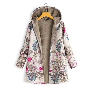 Giacca da donna con cappuccio a fiori con calda fodera in pile e zip frontale