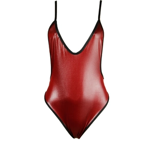 Detail view of shiny red metallic faux leather one-piece swimsuit with black trim details