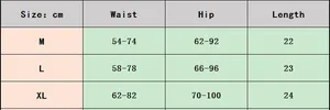 Gedetailleerde maattabel voor yoga shorts met afmetingen voor taille heup en lengte