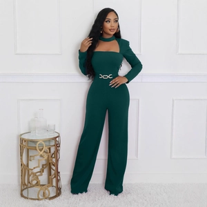 Elegant dark green long sleeve wide leg jumpsuit with neck cutout and gold chain belt