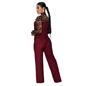 Elegant burgundy jumpsuit with leopard print sleeve details and wide leg pants