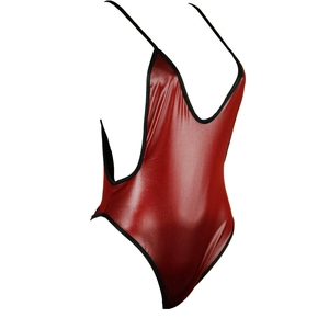 Detail of dark red faux leather one-piece swimsuit with black trim and deep V-neck