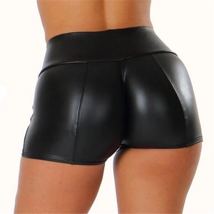 Detail view of high-waisted black PU leather hot pants with slimming back seam design