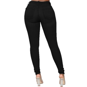 Rear view of high-waisted black skinny jeans featuring classic back pockets and stretch fit