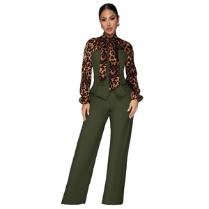 Women's chic leopard print shirt with bow tie and olive green wide-leg pants set