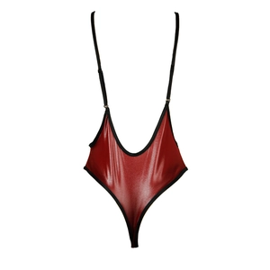 Detail view of red metallic one-piece swimsuit with slim black straps and high-cut leg