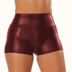 Detailed view of high-waist metallic burgundy PU leather shorts with glossy finish