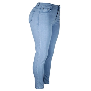 Detail view of high-waisted skinny light blue denim jeans with metal rivet accents