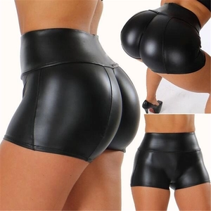 Women's high waist black PU leather booty shorts with glossy finish and push-up effect