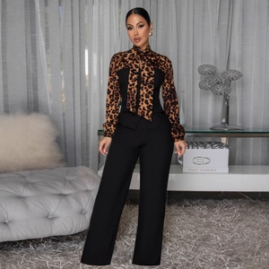 Damen Elegant Leopardenmuster Schleife Hals Langarm Spleiß Weites Bein Jumpsuit Professionelle Büro Mode Einteiler Overalls