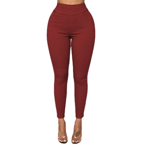 Women high waist skinny fit trousers in burgundy stretchy fabric and minimalist design