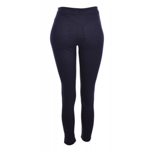 Rear view of dark blue high-waisted slim fit pencil pants featuring dual back pockets