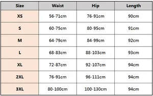 Detailed size guide table for high waist leggings from size XS to 3XL with measurements