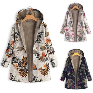 Giacca con Cappuccio Donna Stampa Floreale Retrò Invernale Calda Foderata in Pile Sherpa Cappotto Media Lunghezza con Zip