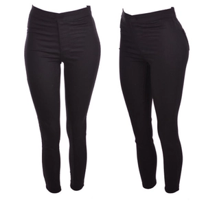 Detail view of black high waisted skinny pencil pants with elastic slim fit design