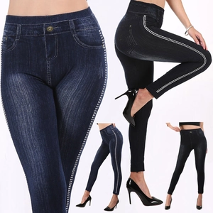 Women's Faux Denim High Waist Leggings Slim Fit Elastic Jeggings With Side Dot Stripes Casual Soft Cotton Blend Skinny Pants