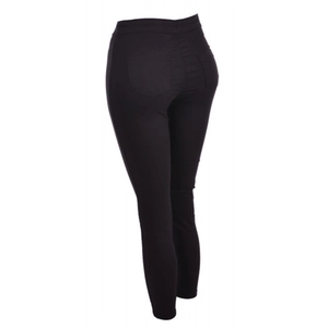 Rear view of high waisted black stretch pencil pants with functional back pockets