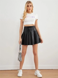 Chic black high-waisted pleated PU leather mini skirt paired with stylish accessories