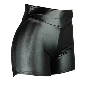 Detailed side view of high-waisted black faux leather hot pants with glossy finish