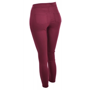Detailed back view of burgundy high-waisted pencil pants showing pockets and slim fit design
