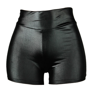Close-up of high-waisted black booty shorts with glossy metallic finish fabric