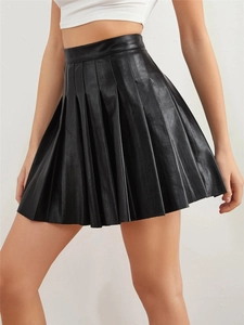 Detailed view of high-waisted black PU leather pleated mini skirt with structured folds