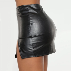 Detailed side view of high-waisted black PU leather mini skirt with sexy side slit detail