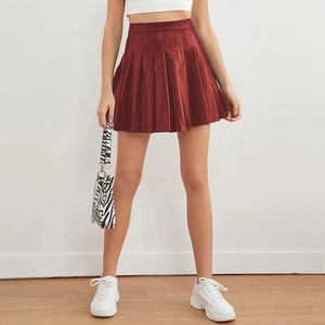 Sexy burgundy high waist pleated PU leather mini skirt for women with glossy finish