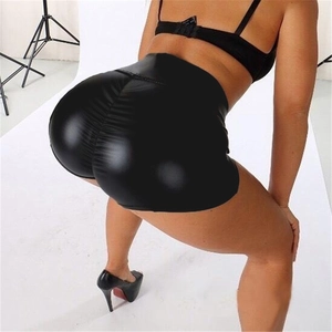 Sexy black faux leather scrunch butt shorts for women with a high-waisted lifting effect