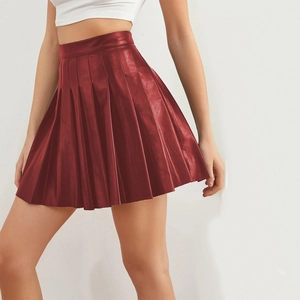 Elegant wine red high waist pleated PU leather mini skirt for women with vintage aesthetic