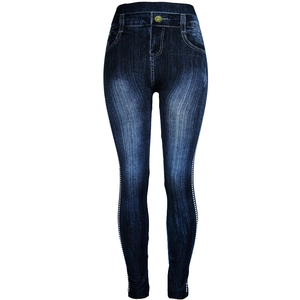 Close-up of high-waist faux denim leggings with white side dots and stitching details